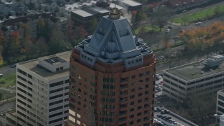 5.5K aerial stock footage of steam venting from the roof of KOIN Center in Downtown Portland, Oregon Aerial Stock Footage | AX153_117E