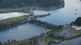 5.5K aerial stock footage of the Bonneville Dam in Columbia River Gorge Aerial Stock Footage | AX154_037E