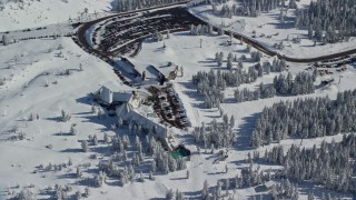 AX154_093E - 5.5K aerial stock footage orbiting of Timberline Lodge on Mount Hood, Cascade Range, Oregon