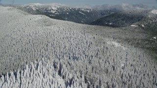 5.5K aerial stock footage approaching and flying over a snow covered mountain ridge and forest in the Cascade Range, Oregon Aerial Stock Footage | AX154_100E