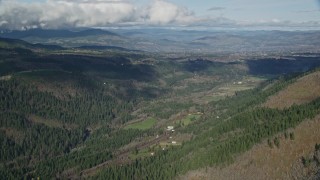 5.5K aerial stock footage of farms and evergreen forest in a canyon, Hood River, Oregon Aerial Stock Footage | AX154_148