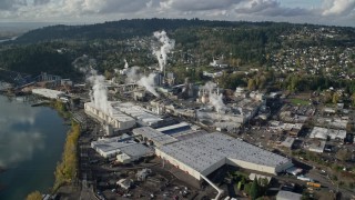 5.5K aerial stock footage approaching the Georgia Pacific Paper Mill in Camas, Washington Aerial Stock Footage | AX154_213