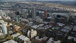 5.5K aerial stock footage orbiting skyscrapers in Downtown Portland, Oregon Aerial Stock Footage | AX154_231E