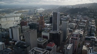 5.5K aerial stock footage flying over KOIN Center, Wells Fargo Center, and 200 Market in Downtown Portland, Oregon Aerial Stock Footage | AX154_245