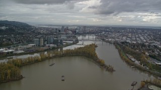 5.5K aerial stock footage of South Waterfront condo high-rises, Willamette River, and Downtown Portland Aerial Stock Footage | AX155_021E