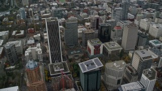 5.5K aerial stock footage orbiting Wells Fargo Center, Portland City Hall, and parks in Downtown Portland, Oregon Aerial Stock Footage | AX155_105E