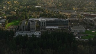 5.5K aerial stock footage flying by the Providence St Vincent Medical Center in Southwest Portland, Oregon Aerial Stock Footage | AX155_121E