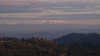 5.5K aerial stock footage of Mount Hood seen from hillside homes in Northwest Portland, Oregon Aerial Stock Footage | AX155_136E