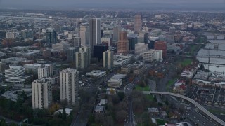 5.5K aerial stock footage orbiting Downtown Portland and riverfront condos at twilight in Oregon Aerial Stock Footage | AX155_151