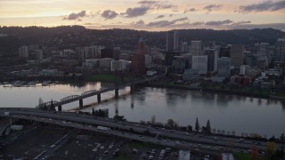 5.5K aerial stock footage of Hawthorne Bridge and Downtown Portland at twilight, Oregon Aerial Stock Footage | AX155_189