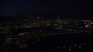 5.5K aerial stock footage approaching Marquam Bridge and the Downtown Portland city skyline at night, Oregon Aerial Stock Footage | AX155_325E