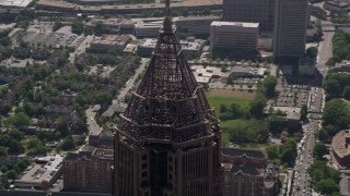 4.8K aerial stock footage of close-up orbiting the top of Bank of America Plaza, Atlanta, Georgia Aerial Stock Footage | AX37_046