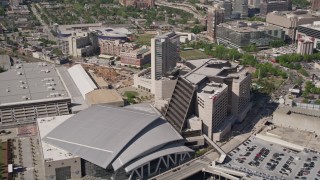 4.8K aerial stock footage flying by Philips Arena and CNN Center, Downtown Atlanta, Georgia Aerial Stock Footage | AX37_077