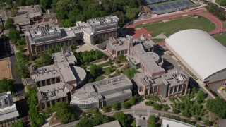 AX37_080 - 4.8K aerial stock footage tilting down to bird's eye of Georgia Institute of Technology buildings, Atlanta