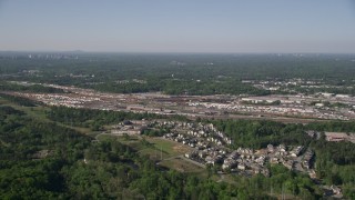 4.8K aerial stock footage approaching a train yard, Atlanta, Georgia Aerial Stock Footage | AX38_004