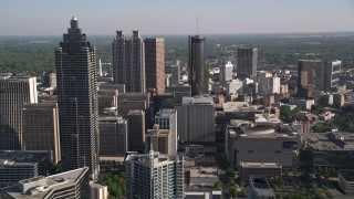 4.8K aerial stock footage approaching Westin Peachtree Plaza Hotel in Downtown Atlanta, Georgia Aerial Stock Footage | AX38_071E