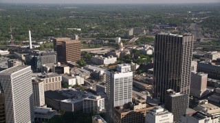 4.8K aerial stock footage approaching Georgia State Capitol among office buildings, Downtown Atlanta Aerial Stock Footage | AX38_073