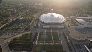 AX39_019 - 4.8K aerial stock footage flying by Georgia Dome, Atlanta, Georgia