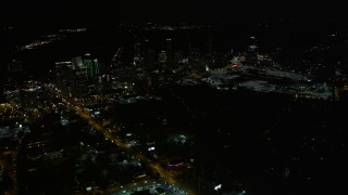 4.8K aerial stock footage approaching skyscrapers and Piedmont Road, Buckhead, Georgia, night Aerial Stock Footage | AX41_040E