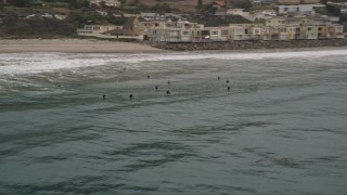 5K aerial stock footage track a group of surfers in the ocean near a beach, Malibu, California Aerial Stock Footage | AX42_079