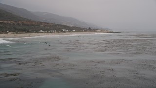 AX42_082 - 5K aerial stock footage fly low over kelp in the Pacific Ocean near surfers, Malibu, California