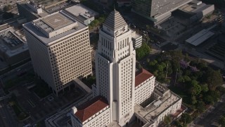 4K aerial stock footage orbiting Los Angeles City Hall, Downtown Los Angeles, California Aerial Stock Footage | AX43_025E