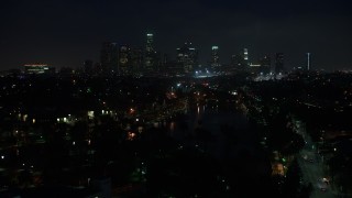 4K aerial stock footage approaching skyline, Downtown Los Angeles, night Aerial Stock Footage | AX44_088