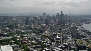 5K aerial stock footage of the Space Needle and skyscrapers in Downtown Seattle, Washington Aerial Stock Footage | AX45_069E