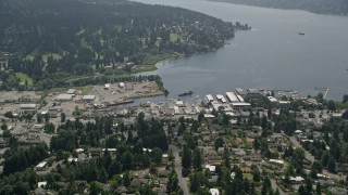 AX46_015 - 5K aerial stock footage approaching seaplane airport Kenmore Air Harbor on Lake Washington, Kenmore, Washington