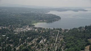 5K aerial stock footage flying by a residential neighborhood on the shore of Lake Washington, Kirkland, Washington Aerial Stock Footage | AX46_020E