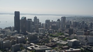 5K aerial stock footage fly west toward the Downtown Seattle skyline, Washington Aerial Stock Footage | AX47_017E