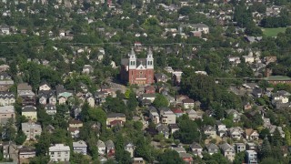 5K aerial stock footage approach Immaculate Conception Church in an urban residential area, Central Seattle, Washington Aerial Stock Footage | AX47_040E