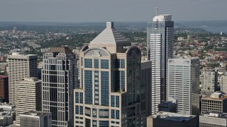 5K aerial stock footage of orbiting the top of 1201 Third Avenue Tower, Downtown Seattle, Washington Aerial Stock Footage | AX47_060