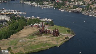 AX47_074 - 5K aerial stock footage of flying by Gas Works Park beside Lake Union, Wallingford, Seattle, Washington 