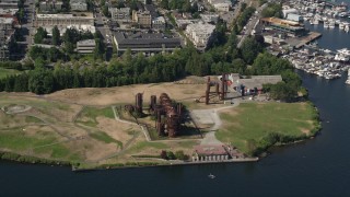 AX47_075 - 5K aerial stock footage tilt and flyby Gas Works Park beside Lake Union, Wallingford, Seattle, Washington