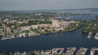 5K aerial stock footage of approaching University of Washington and Portage Bay in Seattle, Washington Aerial Stock Footage | AX47_082E