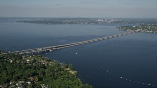 5K aerial stock footage of Lacey V. Murrow Memorial Bridge spanning Lake Washington to Mercer Island, Seattle, Washington Aerial Stock Footage | AX47_142