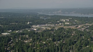 5K aerial stock footage of office buildings and the Seattle Washington Temple in Bellevue, Washington Aerial Stock Footage | AX48_011