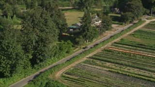 AX48_038 - 5K aerial stock footage of tracking a sedan traveling on a country road by farmland in Carnation, Washington