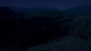 4K day for night color corrected aerial stock footage of an evergreen forest, reveal a narrow road through the trees in King County, Washington Aerial Stock Footage | AX48_055_DFN