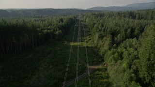 5K aerial stock footage of following power lines cutting through a forest, King County, Washington Aerial Stock Footage | AX49_011E