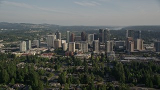 5K aerial stock footage of Downtown Bellevue city buildings seen from north of the city, Washington Aerial Stock Footage | AX49_049E