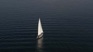 5K aerial stock footage of tracking a sailboat on the bay on Elliott Bay, Seattle, Washington Aerial Stock Footage | AX49_077