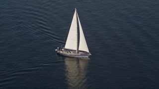 5K aerial stock footage track a sailboat sailing on Elliott Bay, Seattle, Washington Aerial Stock Footage | AX49_078E