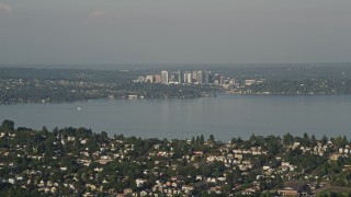 5K aerial stock footage of a view of Downtown Bellevue, Washington, seen from across Lake Washington Aerial Stock Footage | AX49_094