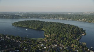 AX49_098 - 5K aerial stock footage of Bailey Peninsula and Andrews Bay on Lake Washington