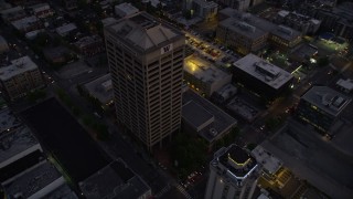 5K aerial stock footage fly over office buildings in the University District, Seattle, Washington, twilight Aerial Stock Footage | AX50_086