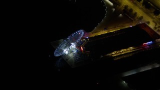 5K aerial stock footage bird's eye of Seattle Great Wheel and Alaskan Way Viaduct, Central Waterfront, Downtown Seattle, Washington, night Aerial Stock Footage | AX51_084