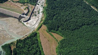 5K aerial stock footage of North Fork Toutle River beside evergreen forest, reveal a sediment retentions structure dam, Washington Aerial Stock Footage | AX52_025