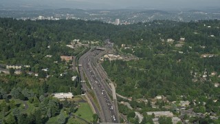 5K aerial stock footage of following a highway through residential neighborhoods, Southwest Portland, Oregon Aerial Stock Footage | AX53_009